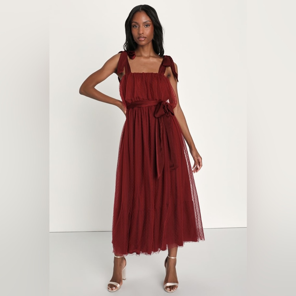 NWT Lulus Lovely Influence Wine Red Tulle Swiss Dot Tie-Strap Midi Dress Sz L